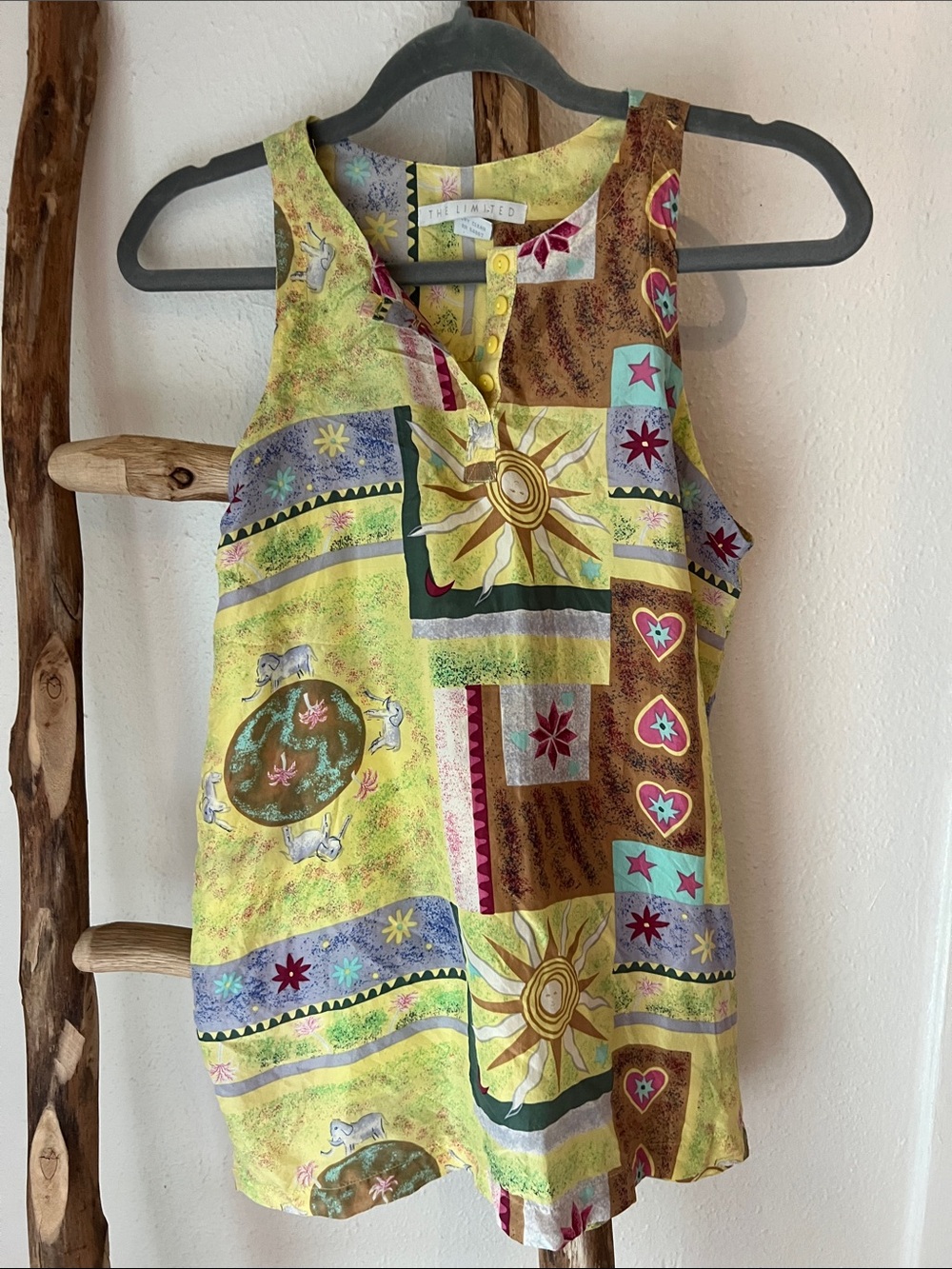 The Limited Y2K 90s Vintage Yellow Multi Patchwork Sun Heart Sleeveless Silk Top